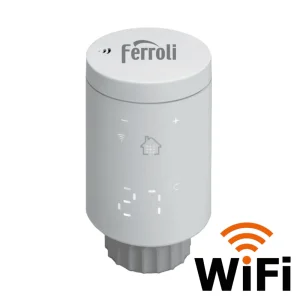 Cap termostat smart pentru calorifer Ferroli, Wi-Fi, control de la distanta, siguranta pentru copii, detectare fereastra deschisa, afisaj digital, programabil, alb