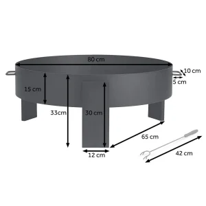 ​Vatra foc de gradina, fabricat din otel, manere pe ambele parti, diametrul 80 cm, inaltime 33 cm, forma rotunda, negru