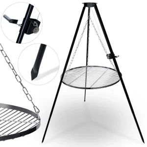 ​Gratar cu trepied, fabricat din otel, inaltimea reglabila, picioare solide, diametru 80 cm, inaltime maxima 180 cm, negru