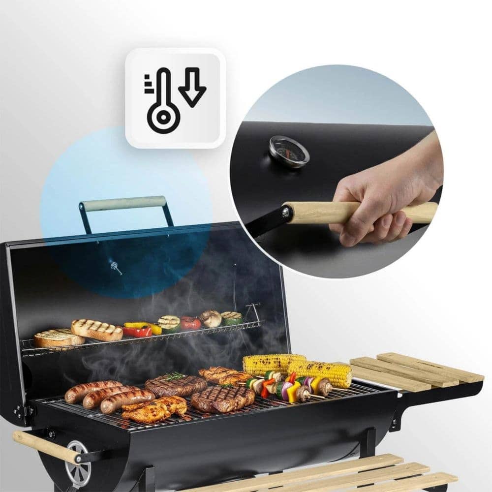 Gratar de gradina cu carbune, constructia robusta, tip butoi, maner din lemn, rafturi laterale pliabile, roti mobile, gratar din fonta, 70 x 35 cm, negru 2