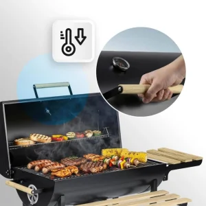 Gratar de gradina cu carbune, constructia robusta, tip butoi, maner din lemn, rafturi laterale pliabile, roti mobile, gratar din fonta, 70 x 35 cm, negru