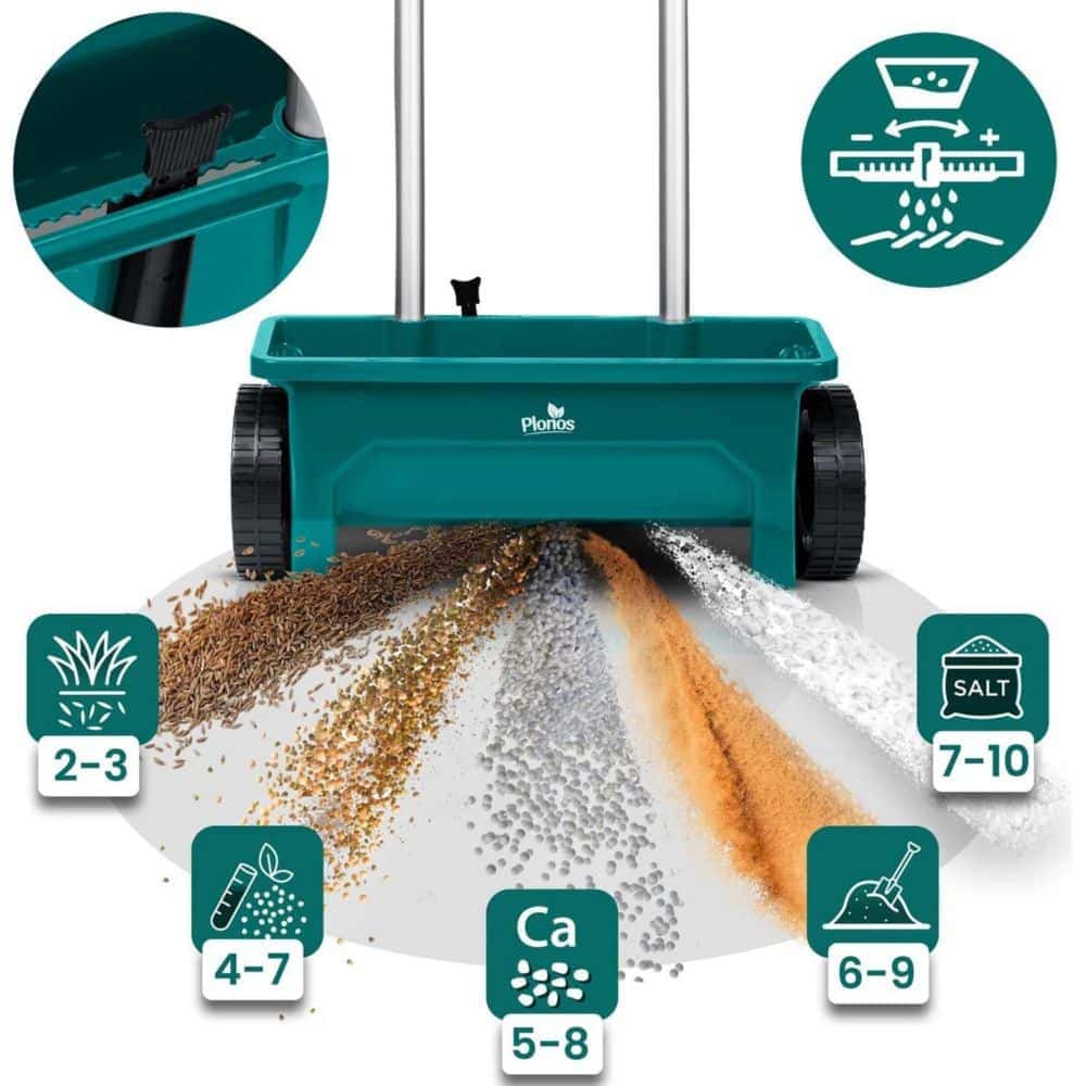 Semanatoare manuala de gradina, realizata din plastic, reglare a granulelor pe 10 niveluri, roti mari, 12 litri, capacitate maxima de incarcare 10 kg, verde 9