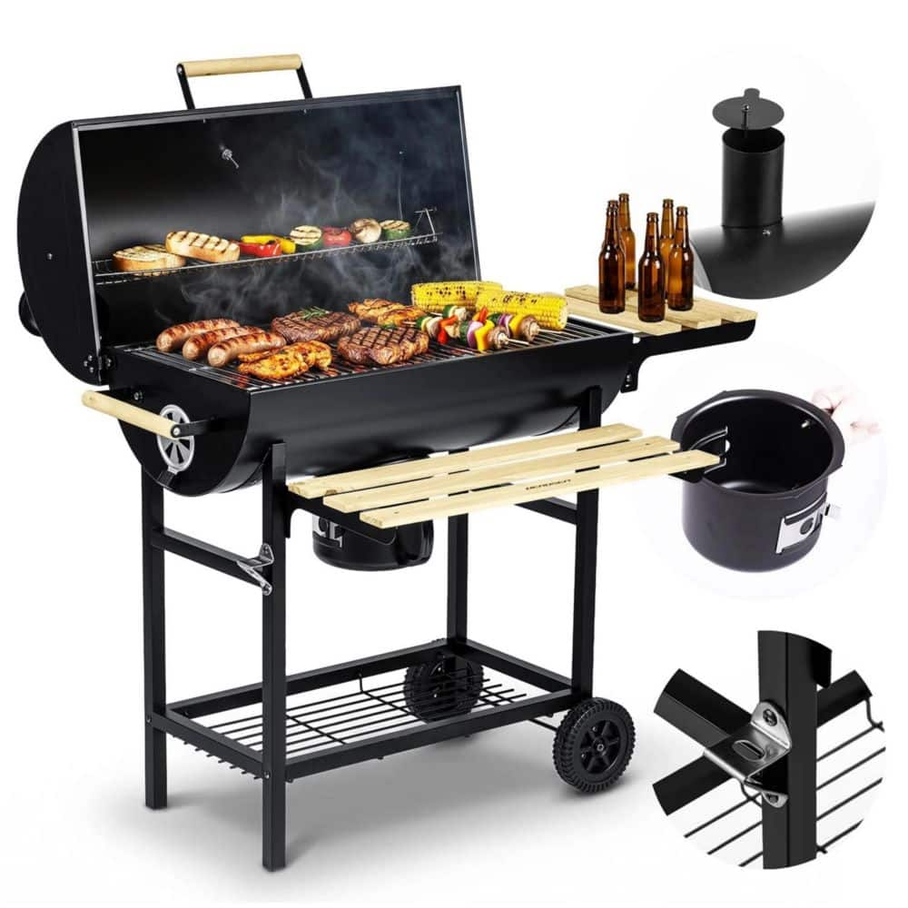 Gratar de gradina cu carbune, constructia robusta, tip butoi, maner din lemn, rafturi laterale pliabile, roti mobile, gratar din fonta, 70 x 35 cm, negru 7