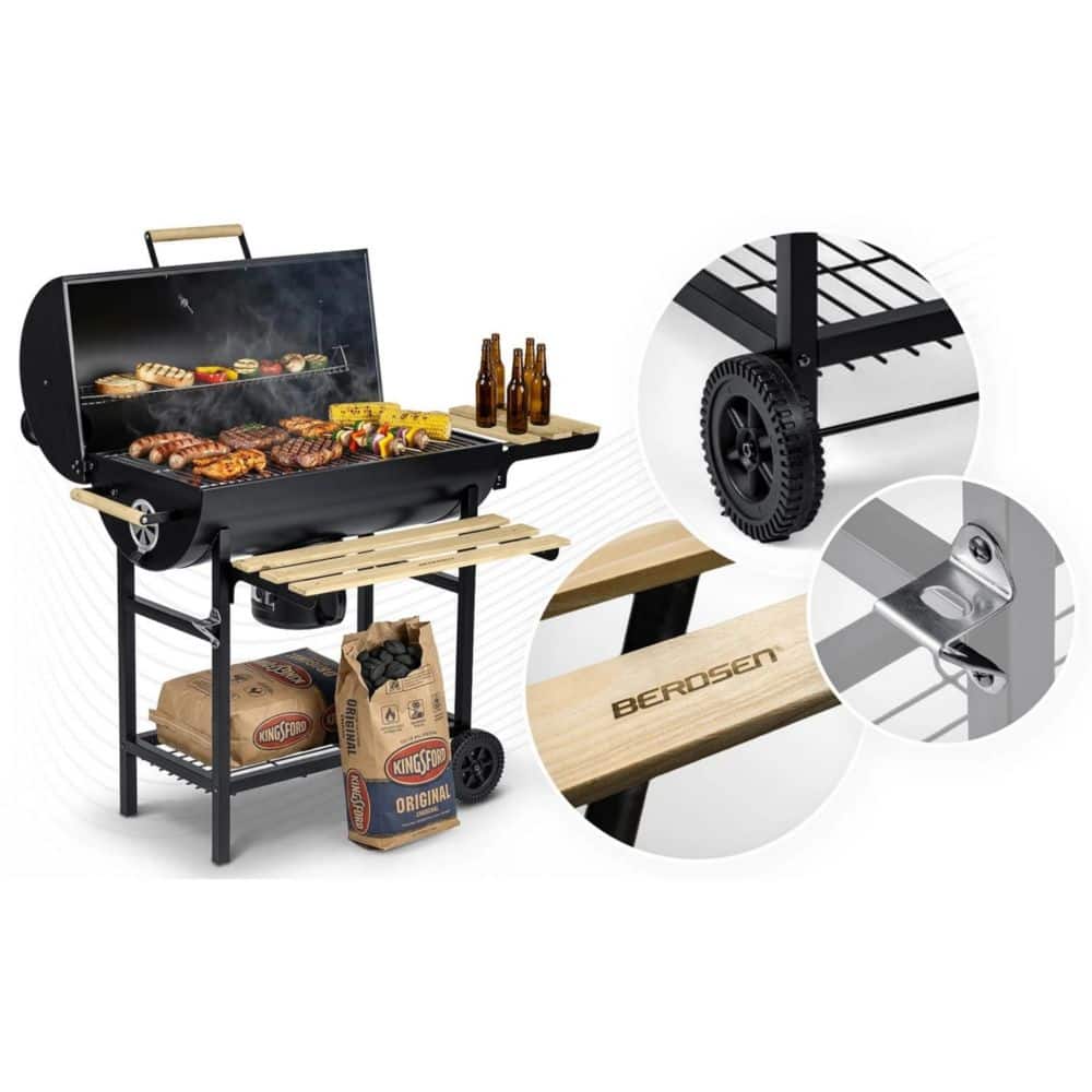 Gratar de gradina cu carbune, constructia robusta, tip butoi, maner din lemn, rafturi laterale pliabile, roti mobile, gratar din fonta, 70 x 35 cm, negru 8