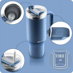 Cana termos, otel inoxidabil, capac 3 in 1, baut, gaura, pai, cu maner, mentinere cald si rece, inaltimea de 27 cm, 1180 ml, albastru marin