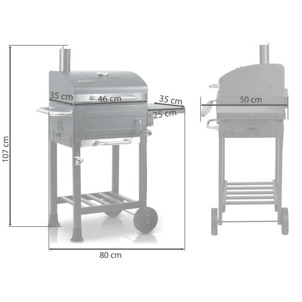 Gratar de gradina, cu carbuni, din otel inoxidabil, gratar din fonta 46 x 35 cm, 2 roti mari, termometru, 107 x 80 x 50 cm, antracit 9