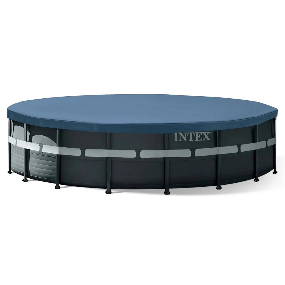 ​Piscina cu cadru, material PVC durabil cu 3 straturi, pompa de filtru, nisip de filtrare, scara metalica sigura, prelata si folie, 26423 l, skimmer, kit de curatare, bandere de inot, minge, 549 x 132 cm, negru 3