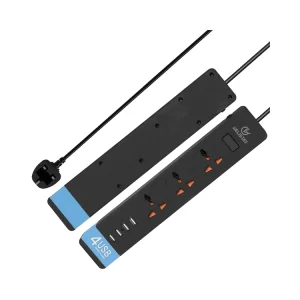 Prelungitor cu 3 prize si 4USB, E299, alb/negru