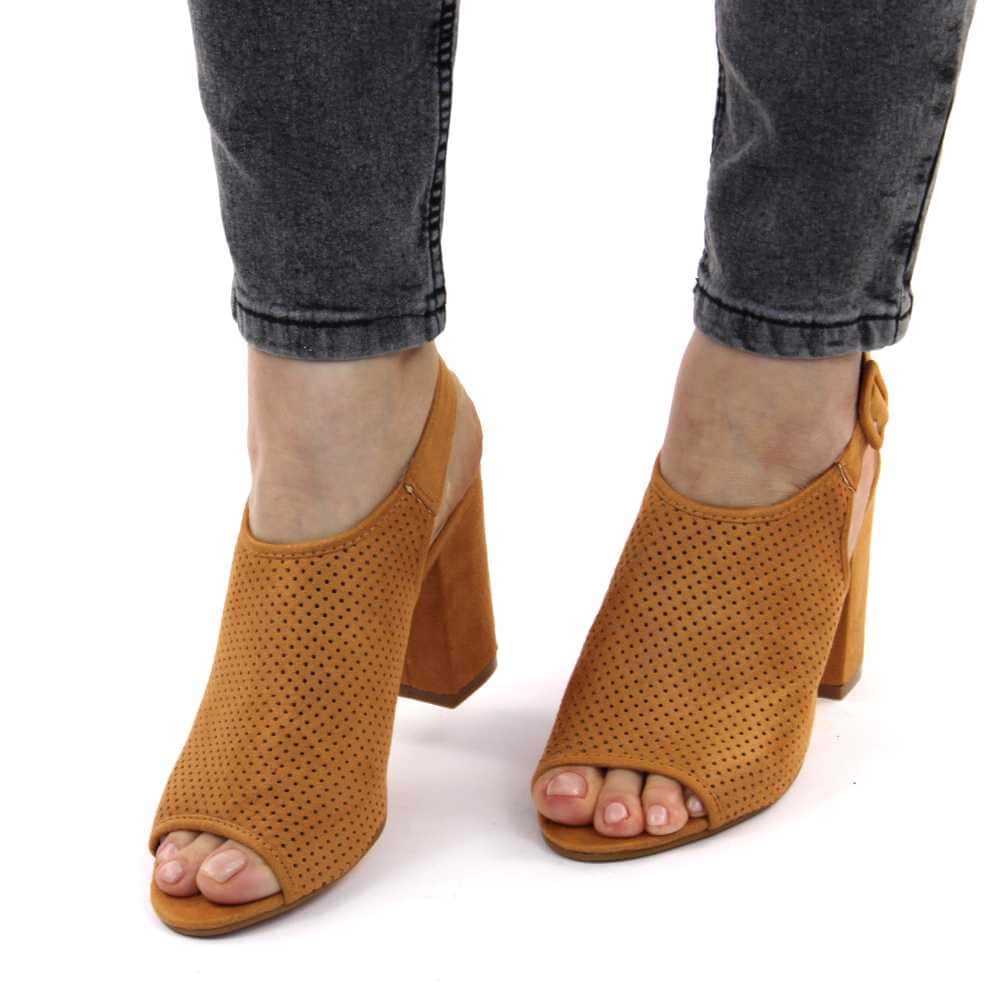 ​Sandale de dama, perforate, cu toc gros si inalt 922-CAMEL 5