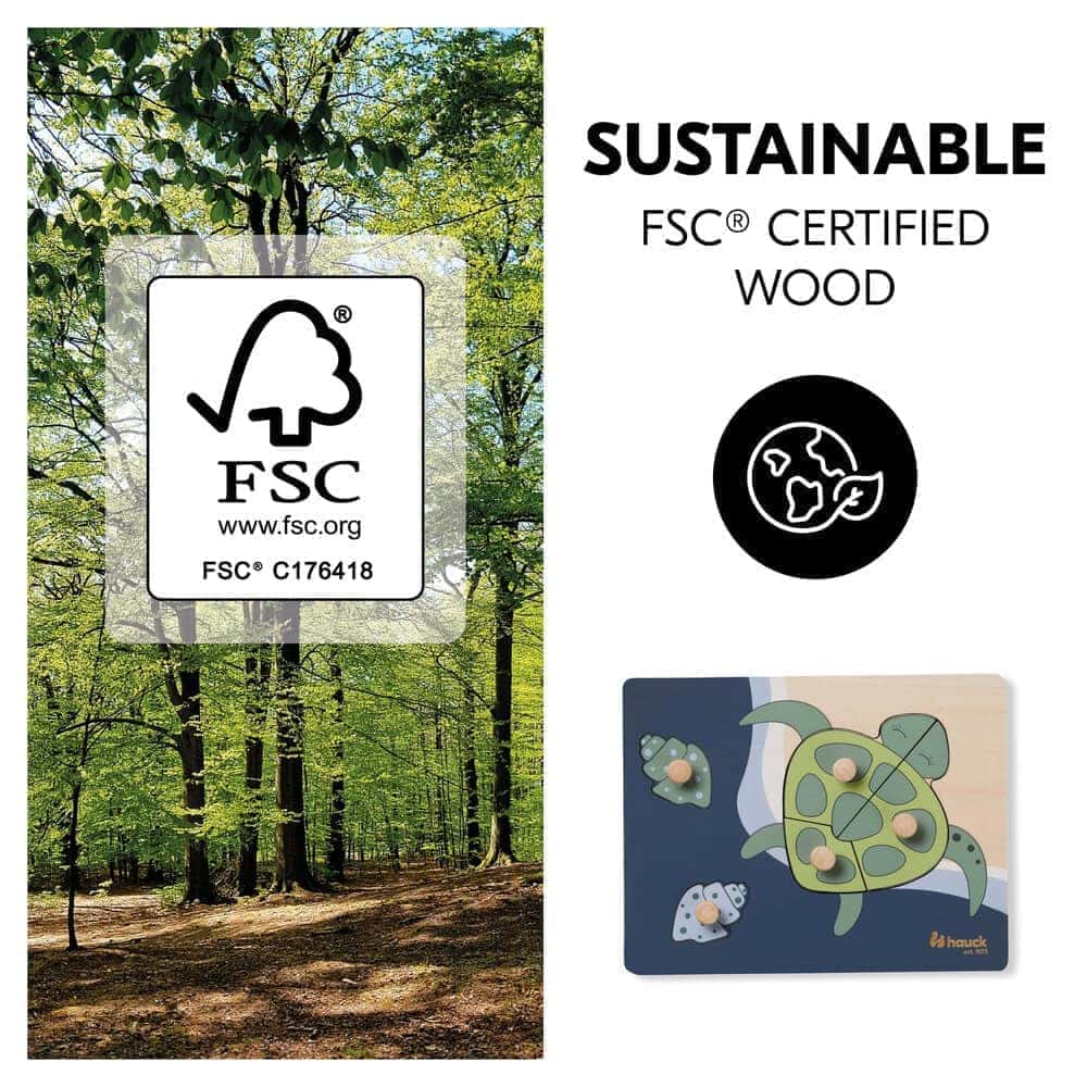 Puzzle din lemn certificat FSC, cu piese imbinate, Hauck, Turtle 22