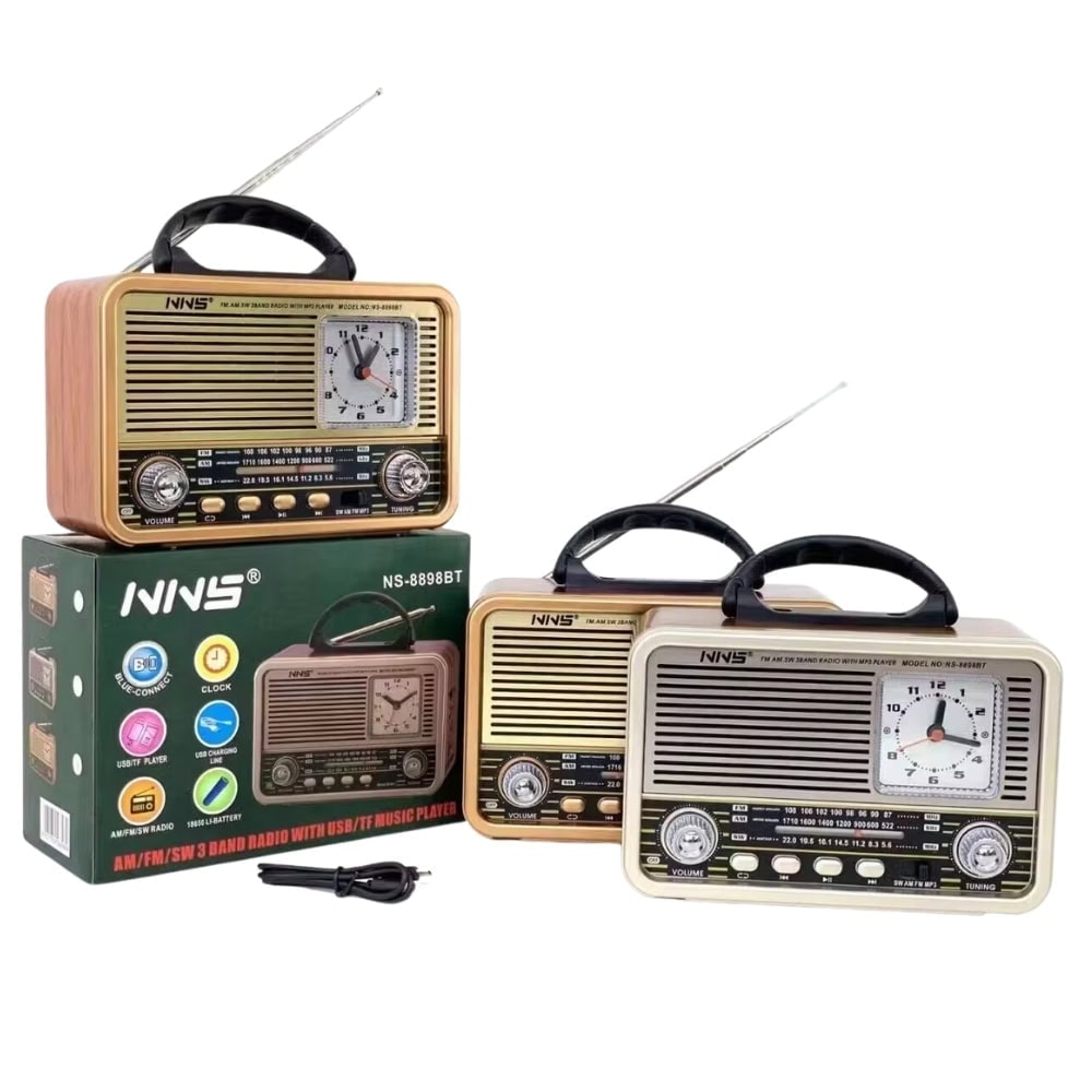 Radio AM/FM/SW cu ceas analog, BT/USB/TF/AUX, 8W, 1200mAh, cablu 6