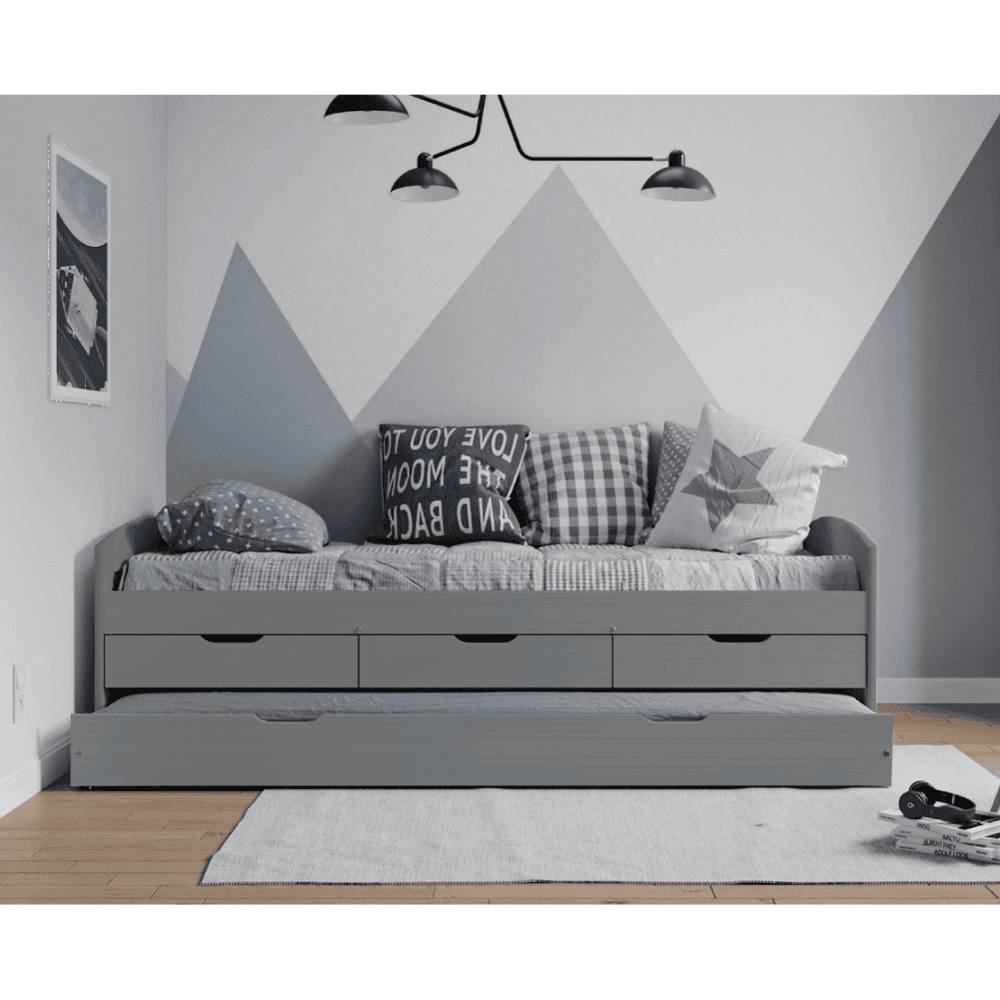Pat cu pat suplimentar extensibil, gri, lemn masiv, 90x200, MARINELLA NEW 16