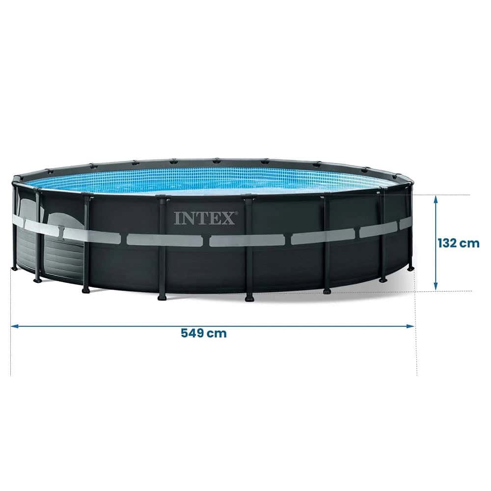 ​Piscina cu cadru, material PVC durabil cu 3 straturi, pompa de filtru, nisip de filtrare, scara metalica sigura, prelata si folie, 26423 l, skimmer, kit de curatare, bandere de inot, minge, 549 x 132 cm, negru 8