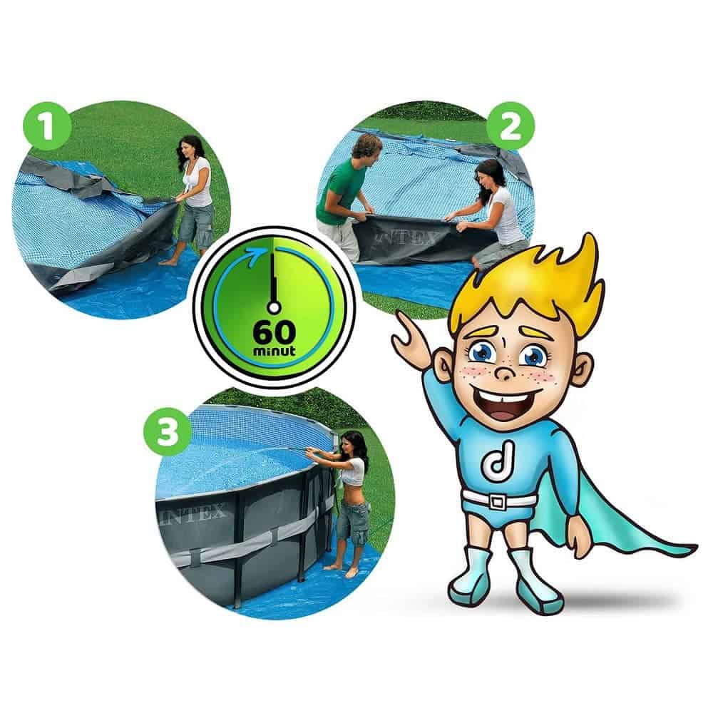 ​Piscina cu cadru, material PVC durabil cu 3 straturi, pompa de filtru, nisip de filtrare, scara metalica sigura, prelata si folie, 26423 l, skimmer, kit de curatare, bandere de inot, minge, 549 x 132 cm, negru 9