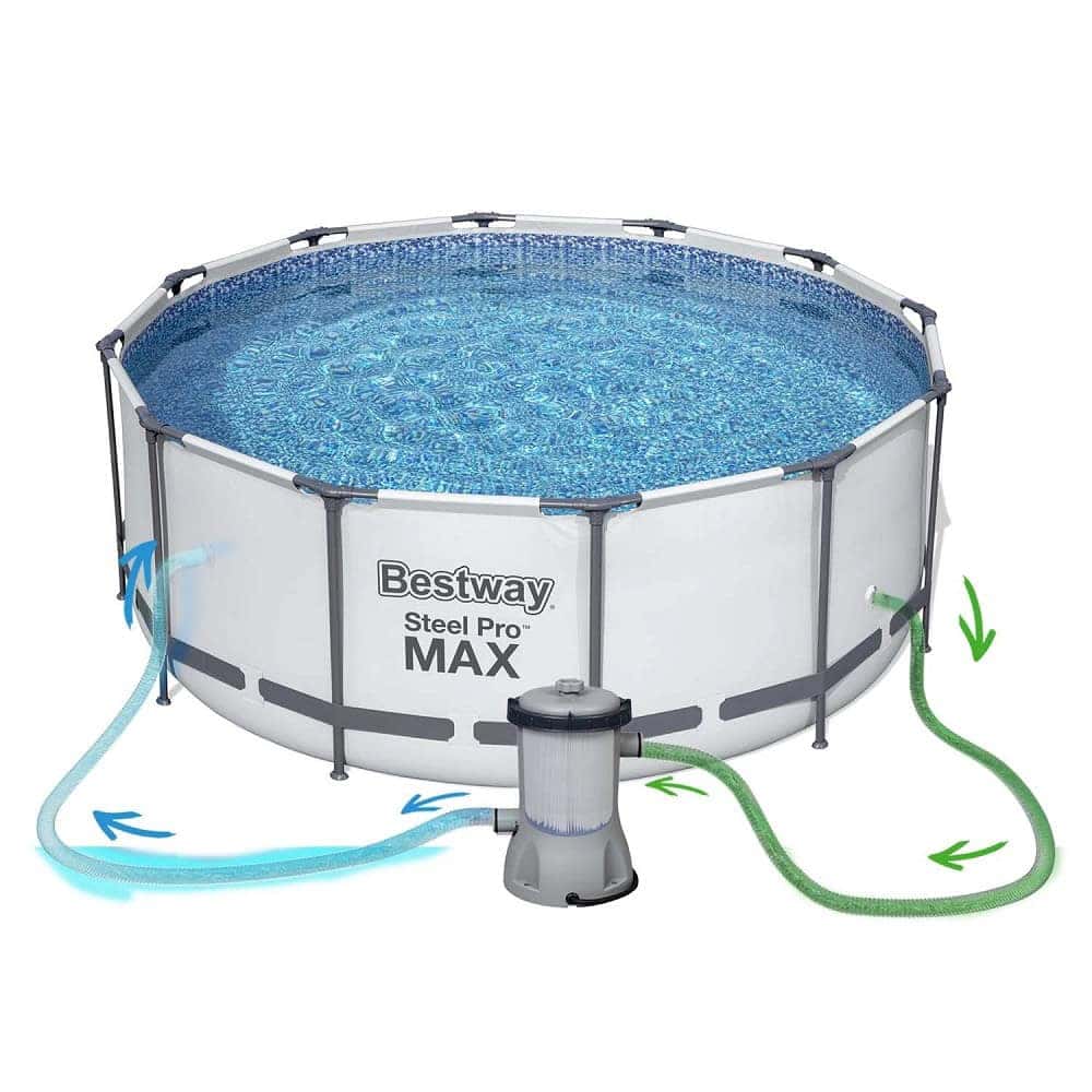 ​Piscina cu cadru metalic, material PVC, pompa de filtrare, filtru pompa tip II, scara, folie si prelata, minge, aripioare de inot, capacitate 12690 litri, forma rotunda, 396 x 122 cm 8