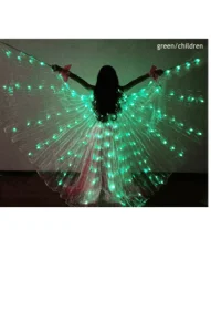 Aripi de dans fluture DacEnergy©, de copii,  pentru spectacol, cu Led, 2 bete extensibile, buton oprire/pornire, 120 cm, verde