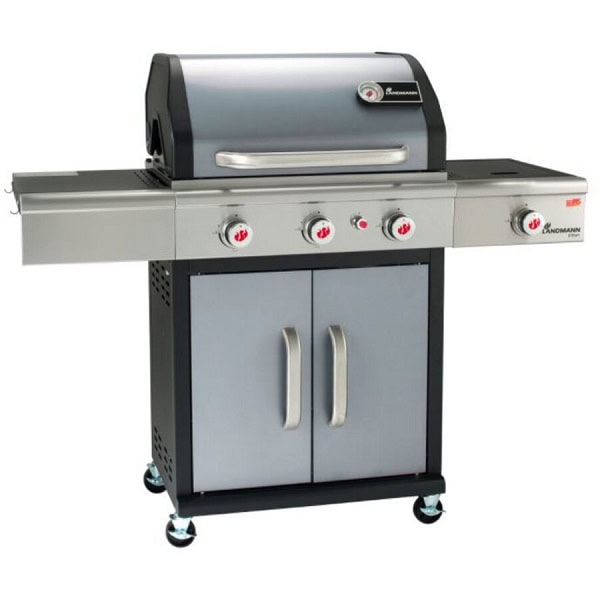 ​Gratar pe gaz, din otel inoxidabil, grill-ul din fonta emailata, 3 arzatoare si unul lateral, 12,5 kW, termometru incorporat in capac, piezo, suprafata de gatit 65x44 cm, gri