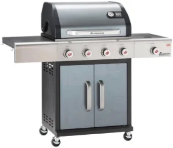 ​Gratar pe gaz , placa din fonta, 4,1 arzatoare, sistem inovator PTS, de 15 kW, afisaj de temperatura in capac, dulap inchis cu 2 usi, suprafata de gratar de 65 x 44 cm