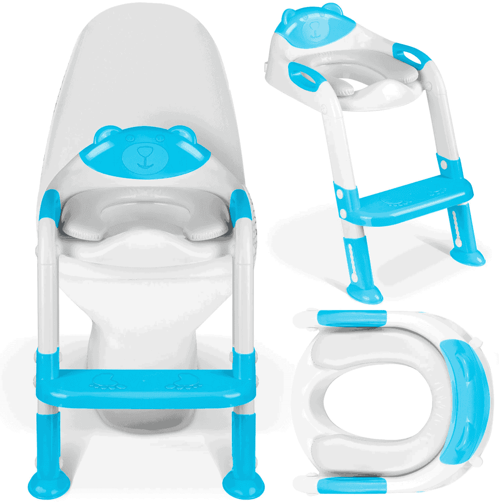 Reductor pentru toaleta cu scarita , 2 in 1,cu un ursulet decorativ, pliabil, picioare anti-alunecare, inaltime reglabila, albastru deschis si alb