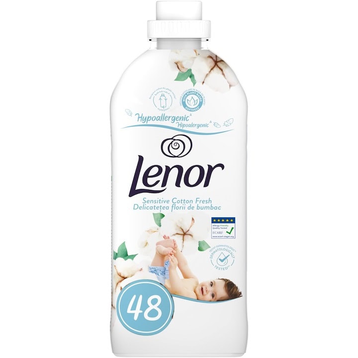 Balsam de rufe Lenor Sensitive Cotton Fresh, prospetime de lunga durata, hipoalergenic, 1.2 l, 48 spalari