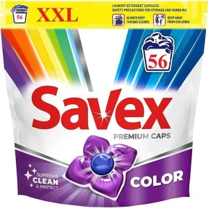 Detergent de rufe capsule Savex Premium Caps Color, curatare puternica, 56 capsule