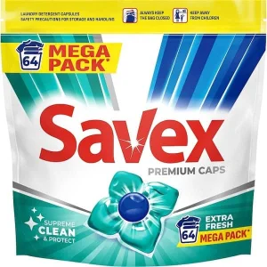 Detergent de rufe capsule Savex Premium Caps Extra Fresh, curatare puternica, 64 capsule
