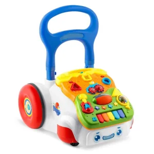 Premergator pentru copii 2in1 , solid si durabil, roti cu blocare si cauciuc antiderapant, cu pian pe un panou educational, cu sunet, 40,5 x36 x46 cm, alb