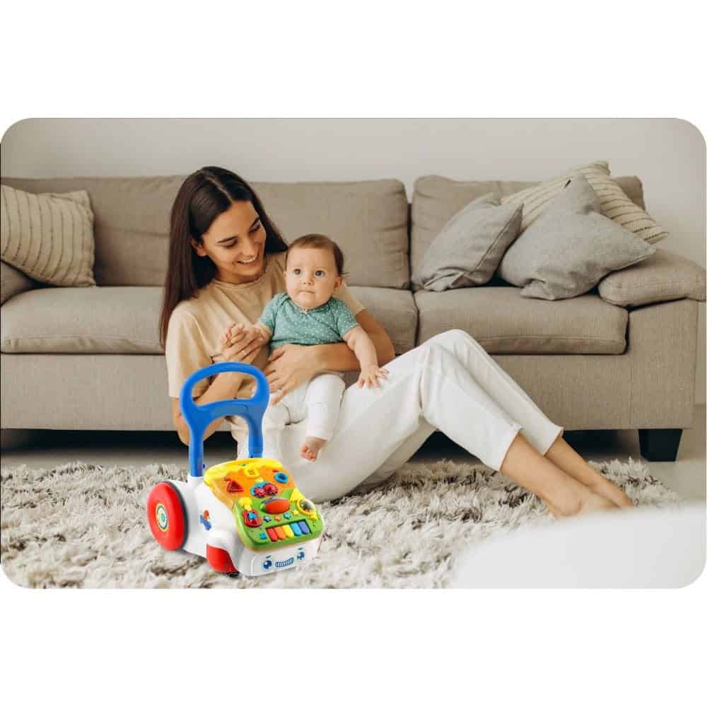 Premergator pentru copii 2in1 , solid si durabil, roti cu blocare si cauciuc antiderapant, cu pian pe un panou educational, cu sunet, 40,5 x36 x46 cm, alb 5