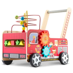 Premergator pentru copii  din lemn, cu activitati Montessori de joaca, roti stabile, pivotante, maner, model masina de pompieri, 48 x 27.5 x 40.5 cm, rosu