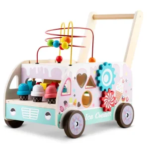 Premergator pentru copii  din lemn, cu activitati Montessori de joaca, roti stabile, pivotante, maner confortabil, tip magazin de inghetata, 48 x 27.5 x 40.5 cm, roz