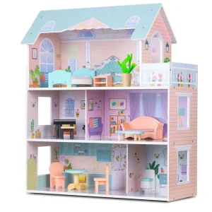 ​Casuta de papusi , din lemn si placa MDF, cu 3 etaje, 12 piese de mobilier, 5 camere si terasa, 70 x 60 x 24 cm, roz