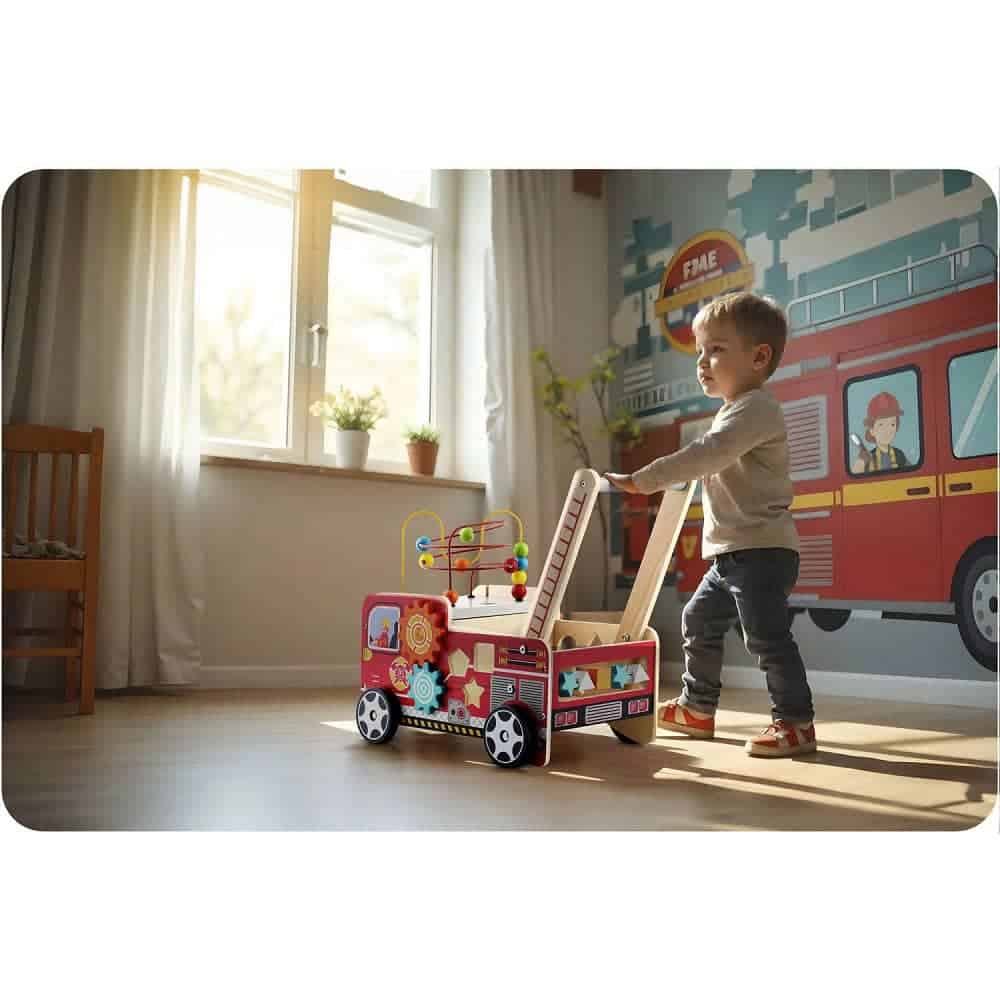 Premergator pentru copii  din lemn, cu activitati Montessori de joaca, roti stabile, pivotante, maner, model masina de pompieri, 48 x 27.5 x 40.5 cm, rosu 2