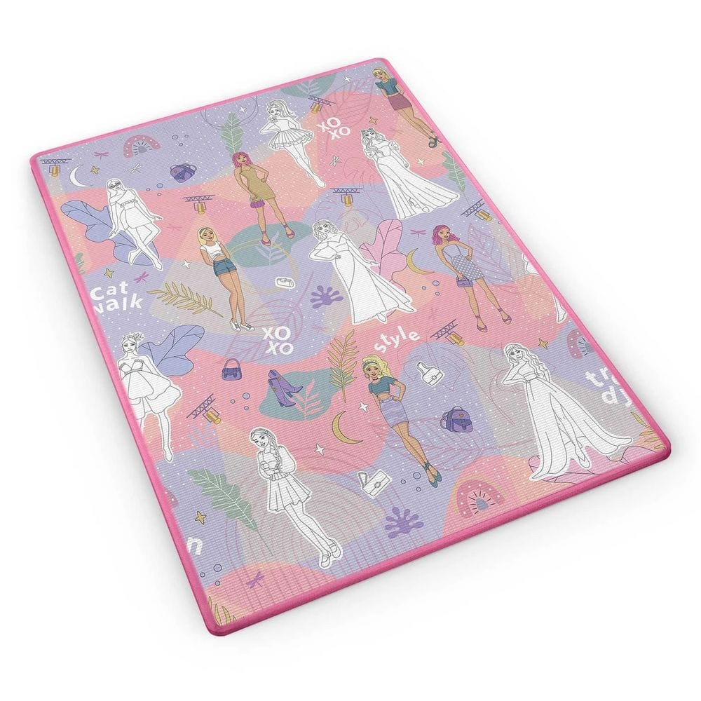 Spatiu de joaca 2 in 1, covoras din spuma si carte de colorat, asigura izolare termica fata de sol, textura anti-alunecare, model frumos cu printese, 120 x 90 cm, roz