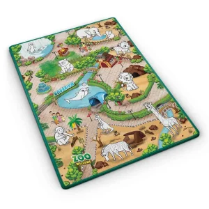 ​Spatiu de joaca 2 in 1, covoras din spuma si carte de colorat, asigura izolare termica fata de sol, textura anti-alunecare, model frumos cu animale de la Zoo, 120 x 90 cm, verde
