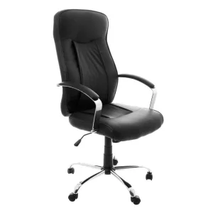 RESIGILAT: Scaun birou directorial DacEnergy©, rotativ, reglabil pe inaltime, structura metal cromat, dimensiune 129x61x72cm, tapiterie din imitatie de piele, culoare negru