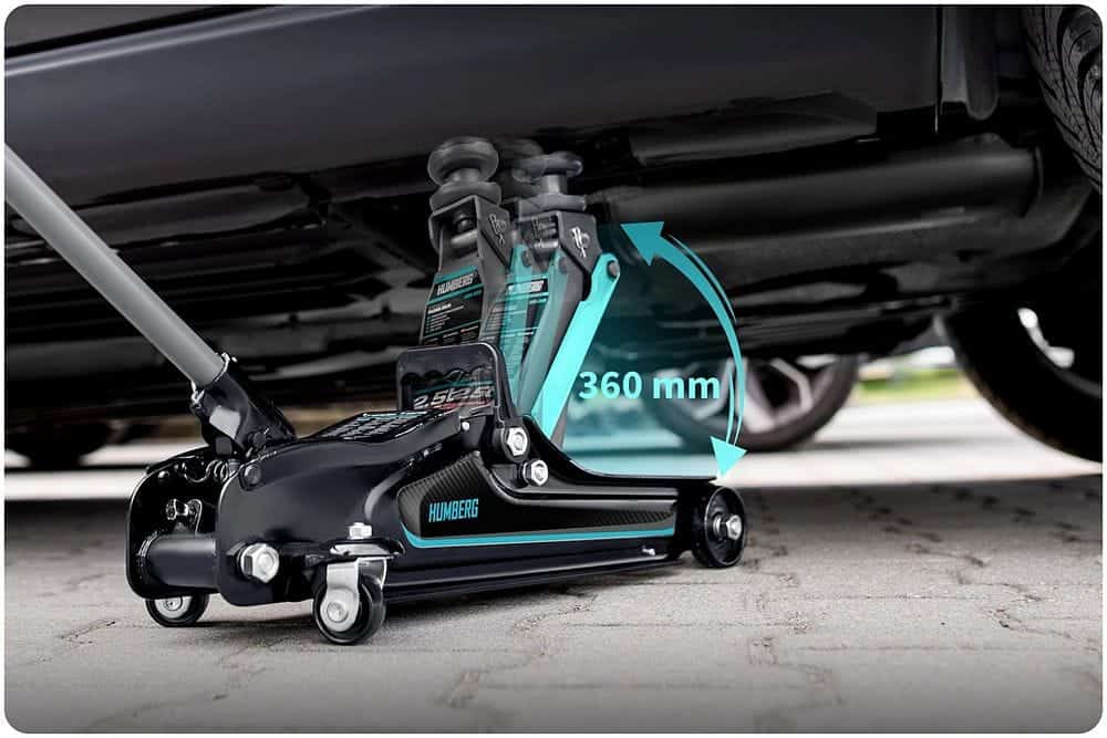 RESIGILAT: Cric auto hidraulic, realizat din otel si aluminiu, capacitate mare de ridicare de 2,5 tone, inaltimea de ridicare 80 - 360 mm, roti pivotante la 360° cu rulmenti, 53 x 20.5 x 8/36 cm, negru si verde 3
