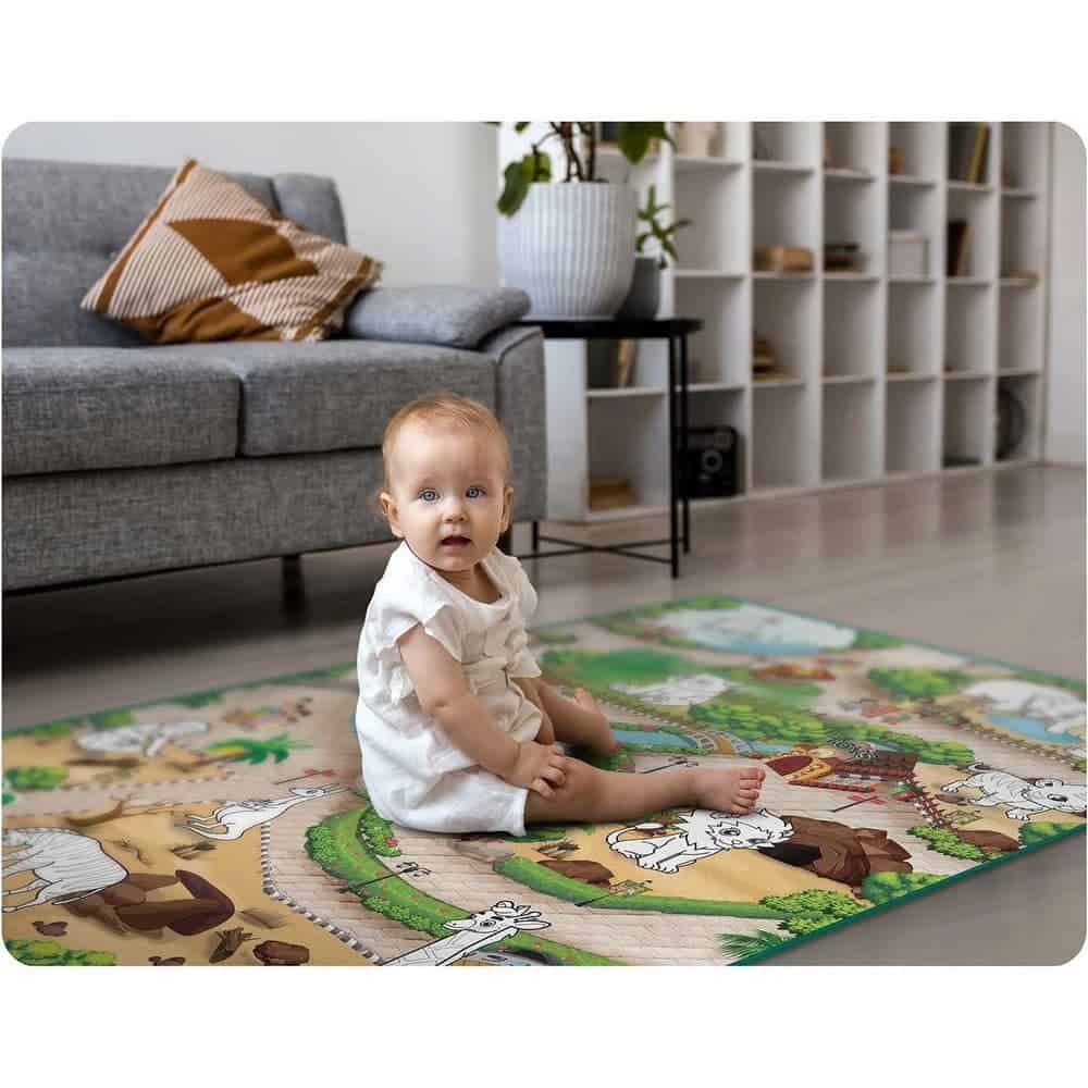 ​Spatiu de joaca 2 in 1, covoras din spuma si carte de colorat, asigura izolare termica fata de sol, textura anti-alunecare, model frumos cu animale de la Zoo, 120 x 90 cm, verde 10