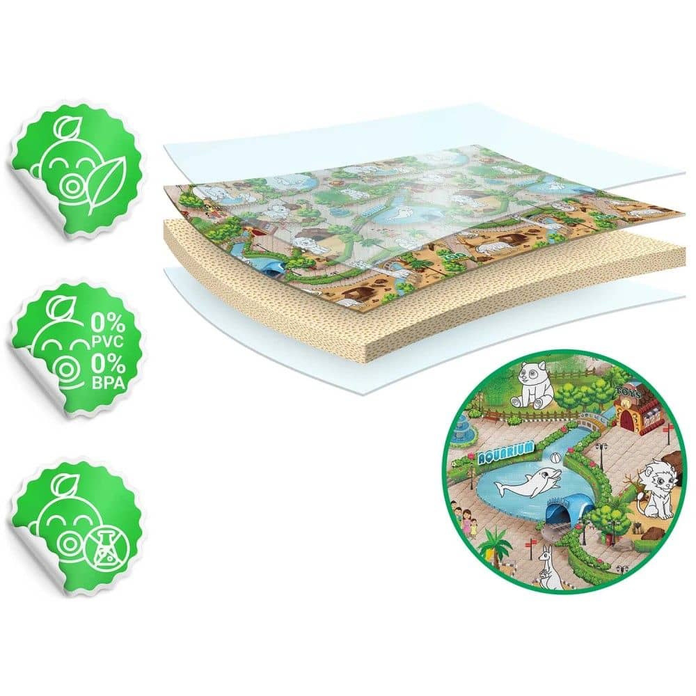 ​Spatiu de joaca 2 in 1, covoras din spuma si carte de colorat, asigura izolare termica fata de sol, textura anti-alunecare, model frumos cu animale de la Zoo, 120 x 90 cm, verde 13