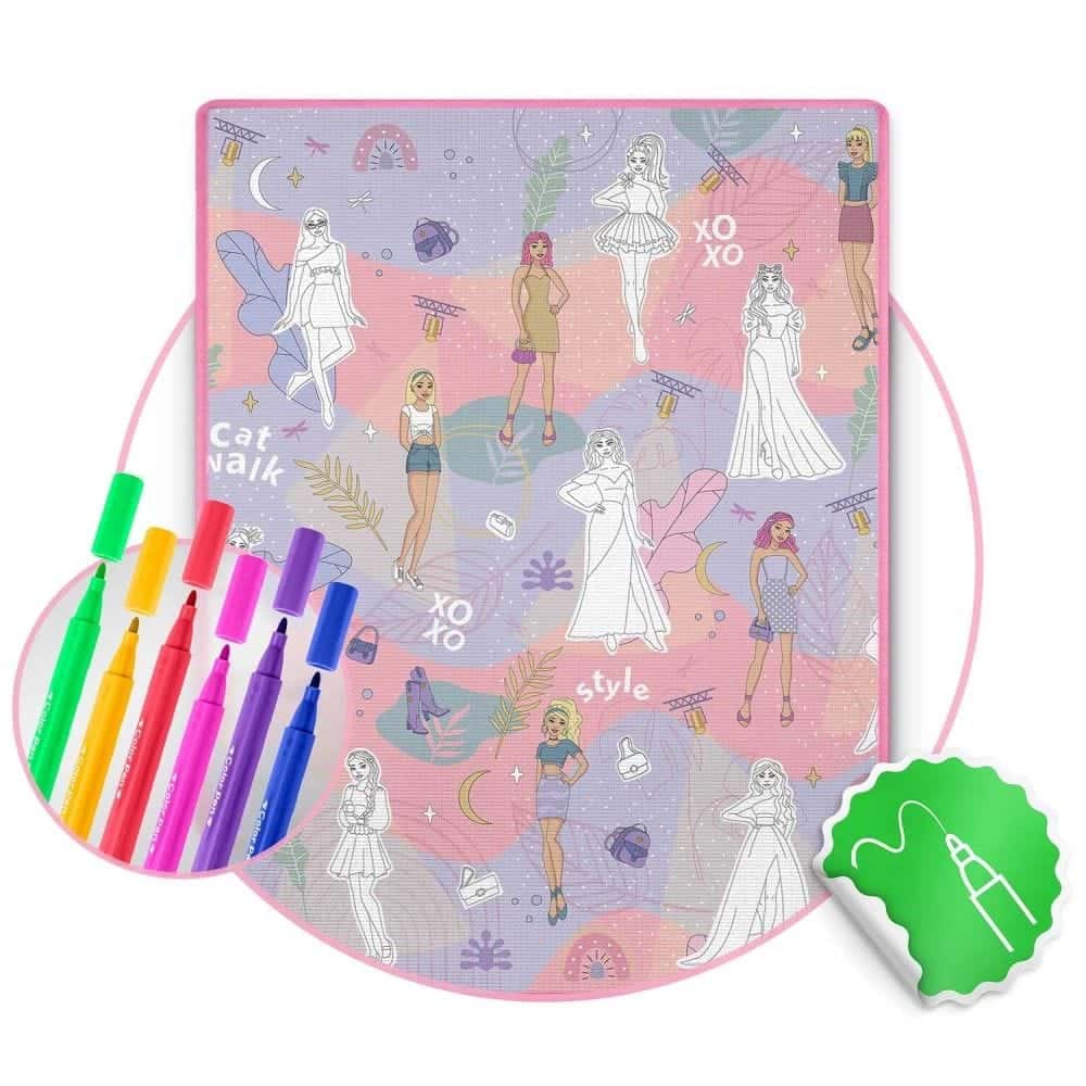 Spatiu de joaca 2 in 1, covoras din spuma si carte de colorat, asigura izolare termica fata de sol, textura anti-alunecare, model frumos cu printese, 120 x 90 cm, roz 14