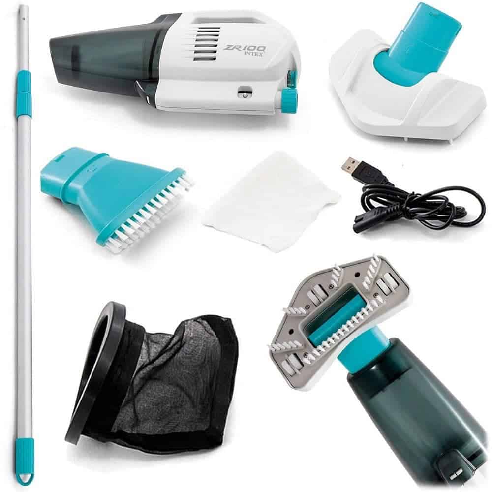 Aspirator fara fir pentru curatarea spa-urilor si piscinelor de gradina Intex, tija telescopica, cablu USB inclus, 2 capete de periuta inlocuibile, 4V Ni-MH, 45 litri/ora, 0,8 L