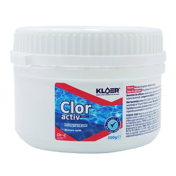 ​Solutia Clor activ Kloer, granule, produs cu actiune bactericida, destinat dezinfectiei apei din piscina, 300 g