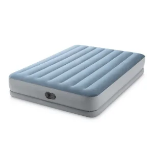 ​Saltea gonflabila Intex, confectionata PVC si velur, cadru din fibre ultradurabile, tehnologia DURA-BEAM, cu pompa electrica incorporata, 2 persoane, 203 x 152 x 36 cm, gri si bleu