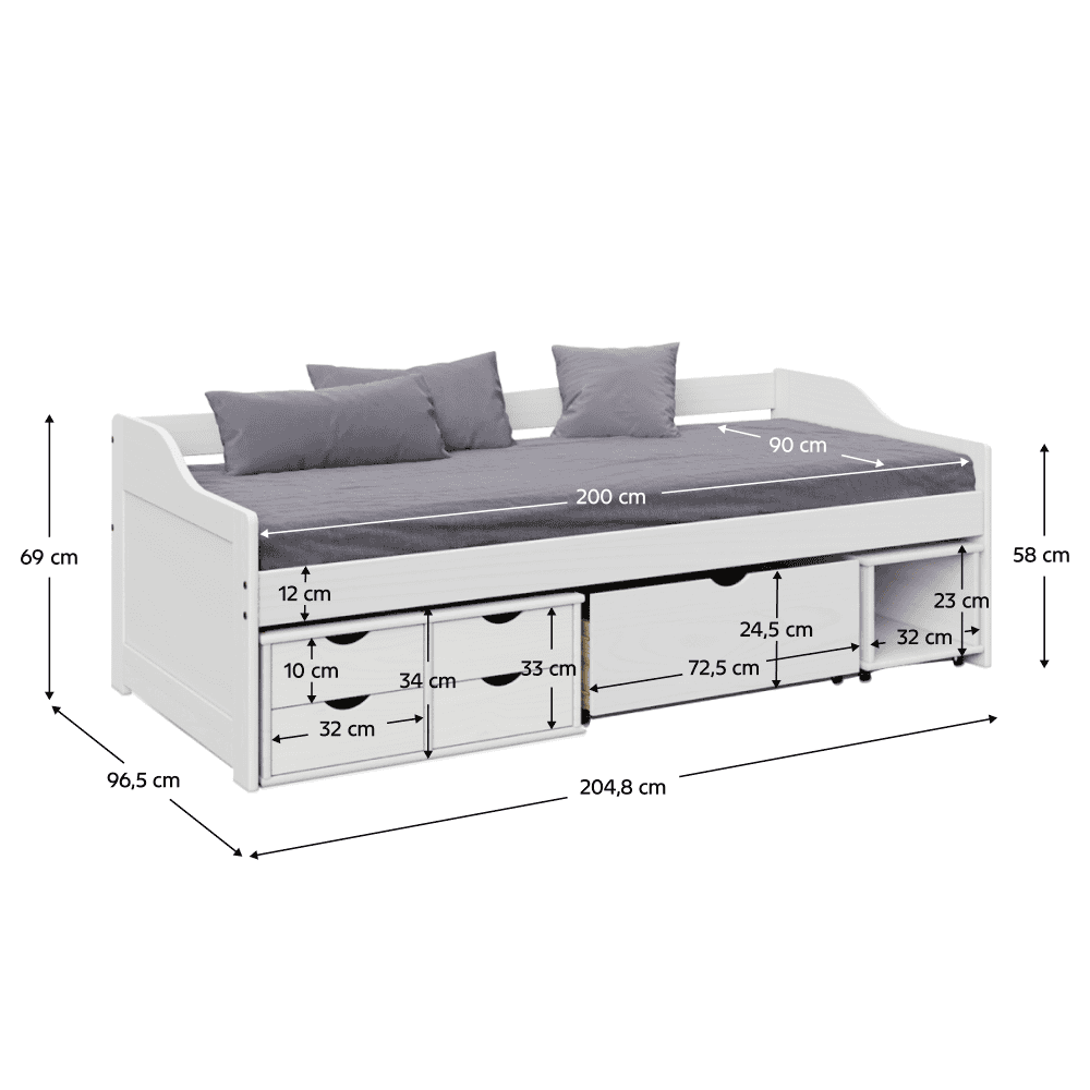 Pat cu spatiu de depozitare, alb, lemn masiv, 90x200, MAXI NEW 2