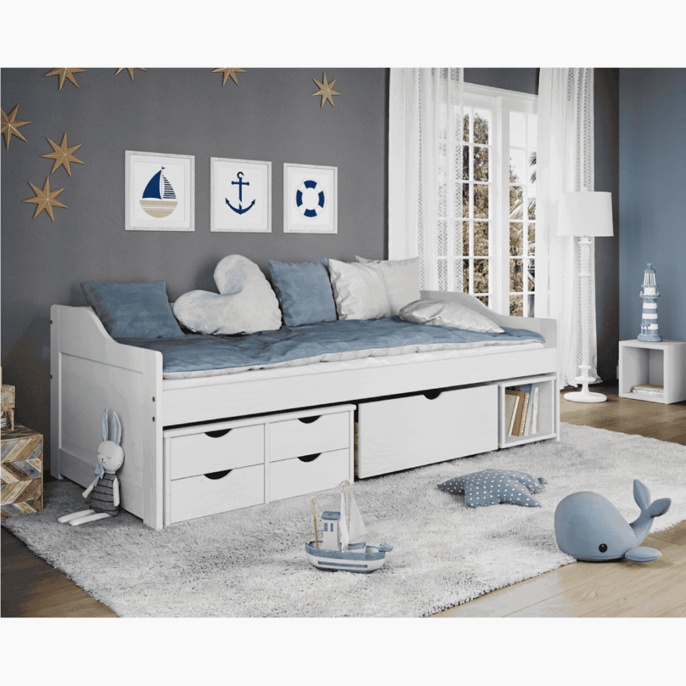 Pat cu spatiu de depozitare, alb, lemn masiv, 90x200, MAXI NEW 5