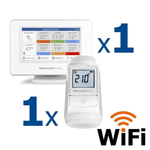 Kit termostat de ambient si un cap termostat smart pentru calorifer Honeywell Home, Wi-Fi, control de la distanta, siguranta pentru copii, detectare fereastra deschisa, protectie la inghet, afisaj digital