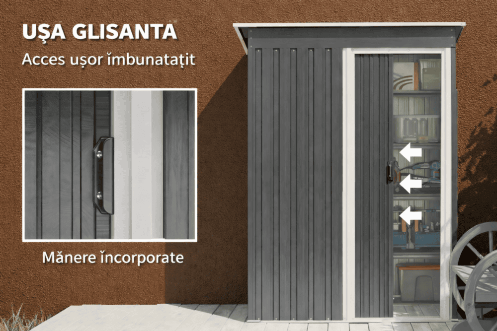 Magazie de gradina DacEnergy©, realizata din otel galvanizat si tabla de otel vopsita, 1 usa glisanta, 4 guri de ventilatie, 164 × 100 × 184 cm 2