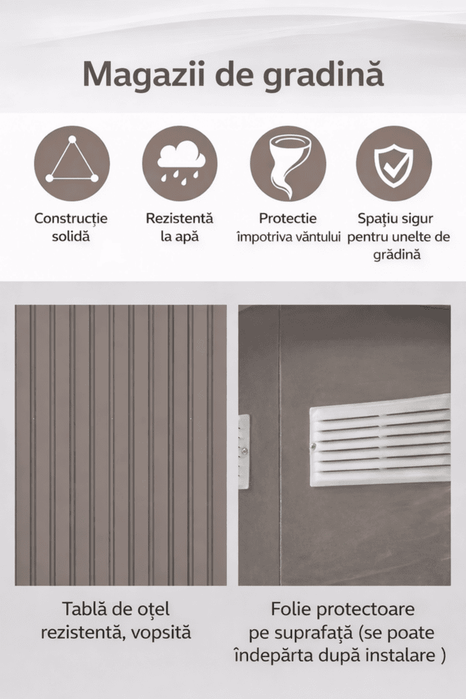 Magazie de gradina DacEnergy©, realizata din otel galvanizat si tabla de otel vopsita, 1 usa glisanta, 4 guri de ventilatie, 164 × 100 × 184 cm 3
