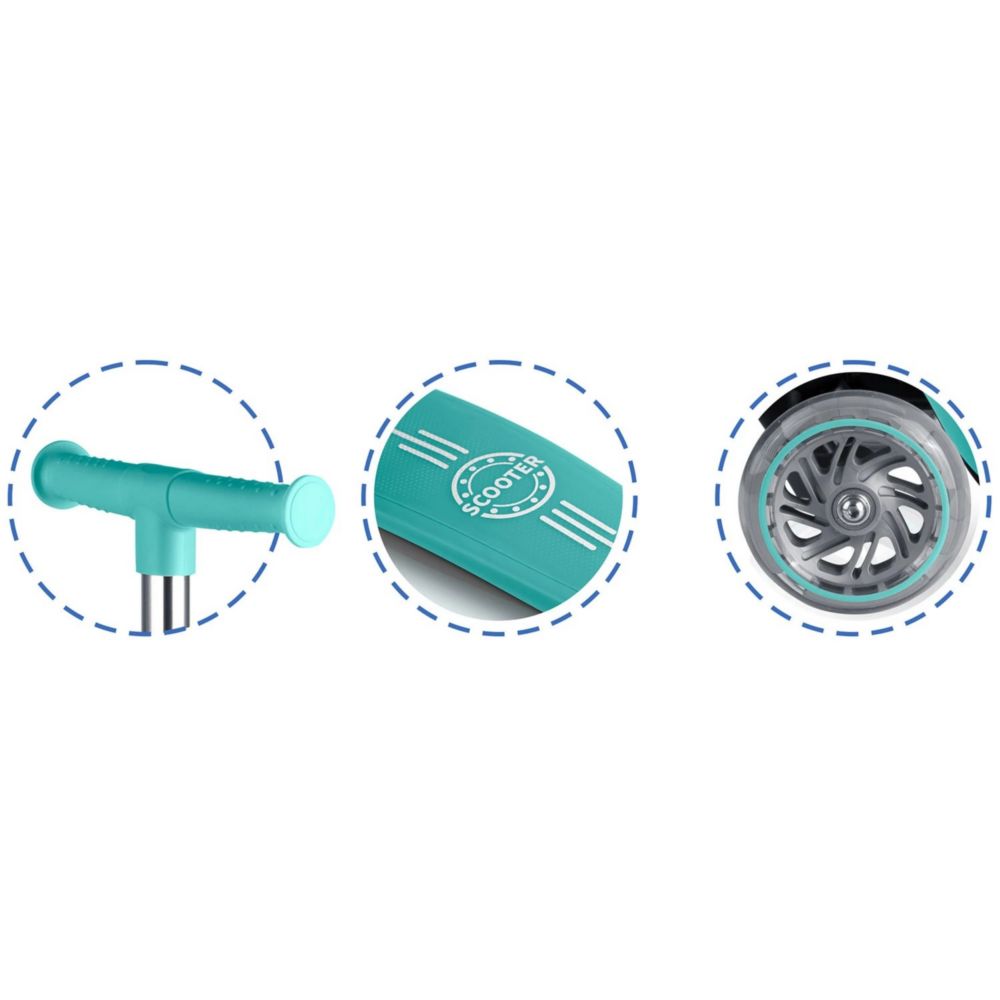 Trotineta de echilibru cu trei roti, material ghidon din aluminiu, inaltimea reglabila a ghidonului, iluminare LED, greutate maxima utilizator 50 kg, punte fluorescenta, turcoaz 6