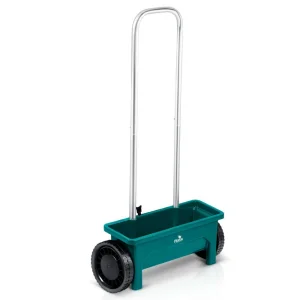 Semanatoare manuala de gradina, realizata din plastic, reglare a granulelor pe 10 niveluri, roti mari, 12 litri, capacitate maxima de incarcare 10 kg, verde