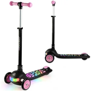 Trotineta de echilibru cu trei roti, ghidon din metal, platforma iluminata cu LED-uri, inaltimea ghidonului este reglabila, 79-94 cm, usor de pliat, frana de picior, neagra si roz